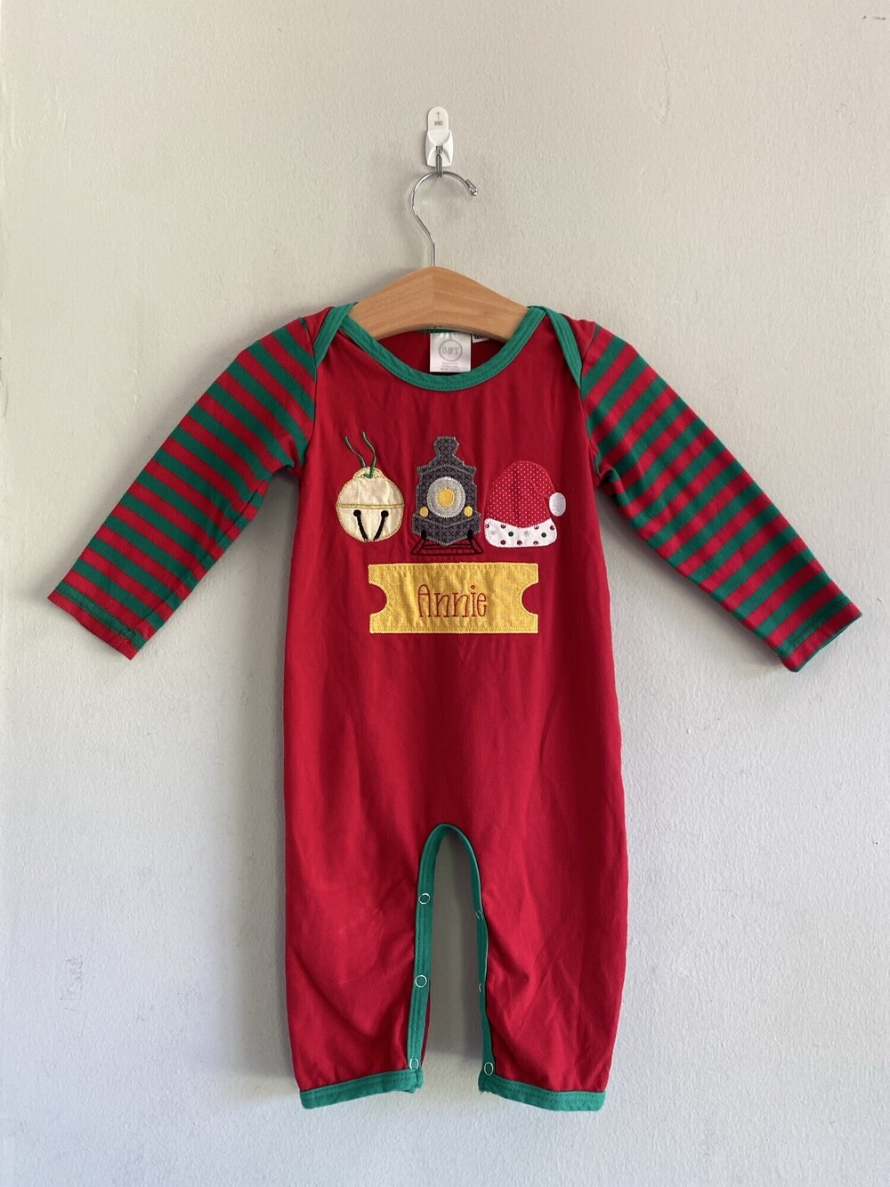 Monogrammed Embroidery Annie Christmas Train Applique Romper 12M